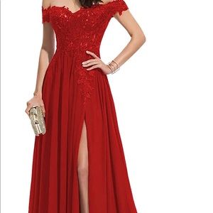 red prom dress off the shoulder